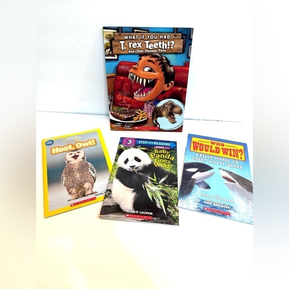 Set of 4 Scholastic Non-Fiction Books for Kids Dinosaurs, Owls, Pandas, Sharks